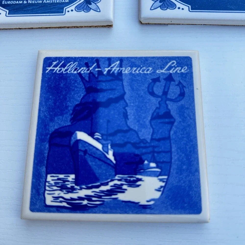 Set of 5‎  HOLLAND-AMERICA Cruise Delft Blue White Tile Coaster Set NEW w COA